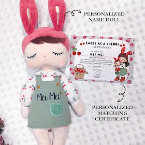 Peluche personalizado de niña CHERRY COUNTRY, regalo de cumpleaños para niños con nombre personalizado, certificado de agradecimiento para hija, mi primera muñeca de peluche, nacimiento de bebé