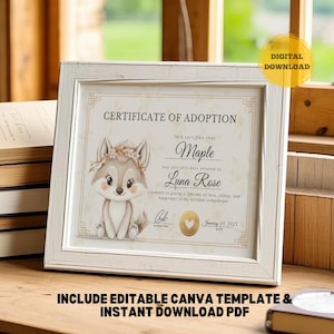 CERTIFICADO DE ADOÇÃO DE RAPOSA Modelo Canva para impressão e edição Presente para amantes de animais selvagens Donos de raposas Crianças incentivam a responsabilidade Presente