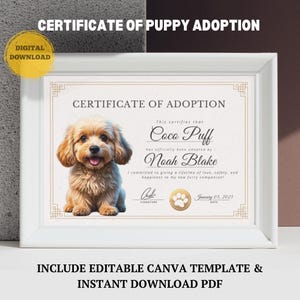 Szablon do edycji Certyfikatu Adopcji Psa, Wydrukowany Oficjalny Certyfikat Adopcji Szczeniaka, Natychmiastowe Pobieranie Adoptuj Zwierzaka, Prezent Dla Miłośnika Zwierząt
