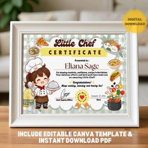 Könnte beinhalten: Ein Little Chef Zertifikat in einem weißen Rahmen mit einer Zeichentrickfigur in Kochmütze, Illustrationen von Pizza, Suppe, Tacos und Gemüse sowie Text mit Little Chef Certificate, Eliana Sage und Chef Sophia Miller.