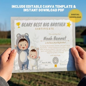 Premio personalizado "Mejor hermano" (plantilla editable de Canva) Certificado de oso imprimible Regalo para hermanos Recuerdo divertido y personalizado de logros para niños