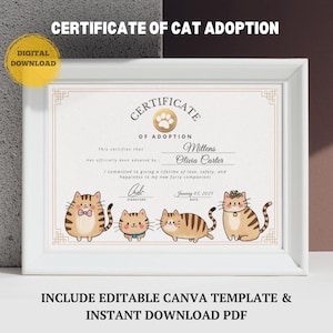 Adoptiecertificaat kat, bewerkbaar certificaat van kitty-adoptie canva-sjabloon, afdrukbare kitten verjaardag Pawty-gunst, document kitten