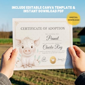 Puede incluir: Un certificado de adopción imprimible para una mascota. El certificado presenta un lindo cerdo de dibujos animados con un cuerpo blanco y rosa y una nariz rosa. El texto en el certificado dice "Certificado de Adopción", "Esto certifica que Peanut ha sido adoptado oficialmente por: Charlie Ray. Me comprometo a brindar una vida de amor, seguridad y felicidad a mi amado compañero!" y "Enero 05, 2025".