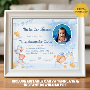 Certificado de nacimiento personalizado para bebé niño, foto personalizada, recuerdo de recién nacido, plantilla editable de Canva, regalo para padres, documentación hospitalaria imprimible