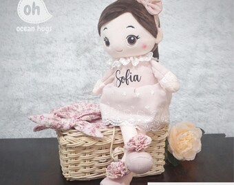 Personalized Beautiful Ponytail Girl Doll with Handmade Cotton Fabric Headscarf, Custom Rag Doll, First Baby Doll, Kids Birthday Gifts Toy