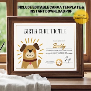Certidão de nascimento de filhote, carta de criador de cachorro para impressão, modelo editável do Canva para presente de dono de animal de estimação, documento de certificado de adoção de animais personalizado para filhotes