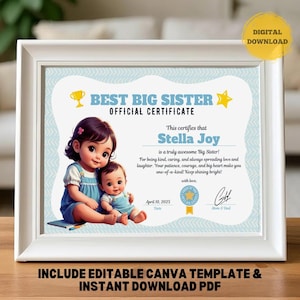 DRUCKBARE BEST SISTER Award Bearbeitbare Canva Vorlage Kinder Kleines Mädchen Wertschätzung Geschenk Neues Baby Geburtsankündigung Proud Big Sis Zertifikat