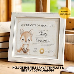 Certificado de adoção de animal de estimação FOX EDITÁVEL, adote um novo animal de estimação, documento para impressão, lembrança significativa, presente personalizável para pais de animais