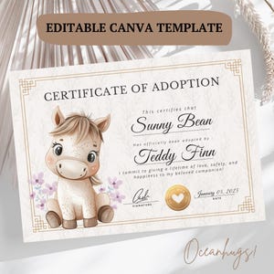 CERTIFICADO DE ADOÇÃO DE CAVALO Presente para pais de animais de estimação, modelo editável Canva Nascimento de potro Boas-vindas ao lar, impressão Decoração de abrigos para amantes de animais de fazenda