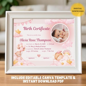 PERSONALIZED Baby Mädchen Geburtsurkunde, Benutzerdefinierte Foto Name Datum Krankenhaus Eltern, bearbeitbare Canva Vorlage Neugeborene Geschenk Andenken Printable