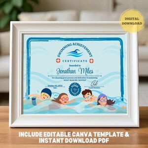 Op de afbeelding: Een ingelijst zwemprestatiecertificaat met een blauw en wit ontwerp. Het certificaat is uitgereikt aan Jonathan Miles en bevat illustraties van zwemmende kinderen. De tekst bevat "Zwemprestatiecertificaat" en "Keep Making Waves!"