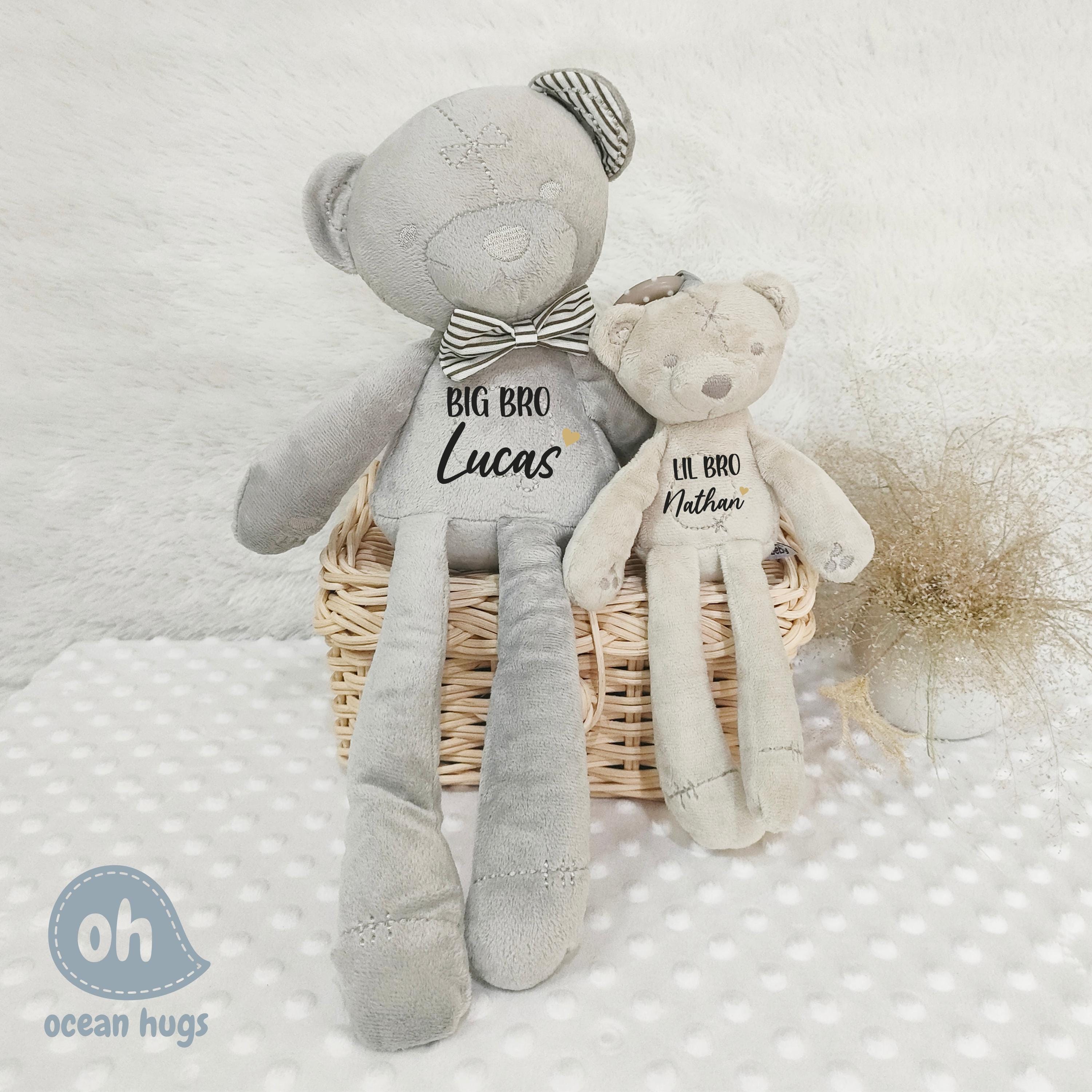 Personalized Couple Big Brother Little Brother, Daddy Father Son Bear Plush, Custom Name Sibling Big Bro Gift, Newborn Birth Rattle Doll