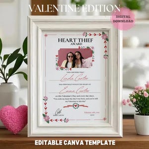 VALENTINE MOM Herzdieb-Preis druckbar, Mama-Liebeszertifikat bearbeitbare Canva-Vorlage, benutzerdefiniertes herzliches Geschenk Mutter und Kind Fotobearbeitung