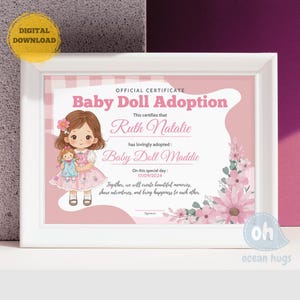 Baby Doll Adoption Zertifikat Sofortiger Download Digital, bearbeitbare Canva Vorlage, druckbare Puppenparty Ideen, personalisierte Dollie Zeichen Geschenk