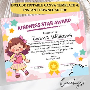 Kindness Star Award bearbeitbare Canva-Vorlage, druckbares Zertifikat für Kinder, positives Verhalten Brief, Leistungsgeschenk für kleine Mädchen