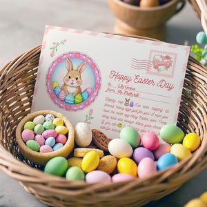 Postal imprimible de Feliz Pascua (plantilla editable en Canva), carta de conejito personalizada, regalo para niños, cesta sorpresa para niños