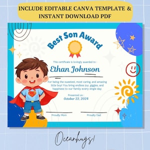 Premio al mejor hijo editable, plantilla de Canva, certificado para hijo pequeño, carta de agradecimiento para niño imprimible, regalo de cumpleaños para nieto
