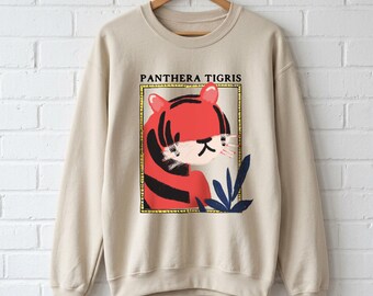 Tiger Sweatshirt, Retro Illustration Crewneck | Cotton Polyester Blend | Unisex Sizes S-3XL