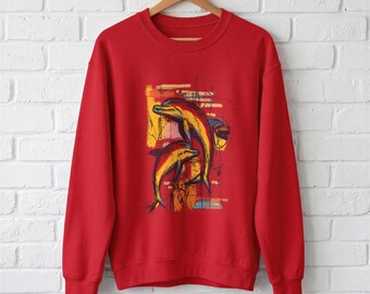 Dolphin Sweatshirt, Hand-Drawn Colorful Crewneck | Cotton-Blend Unisex | S-3XL, Beachy Ocean Graphic