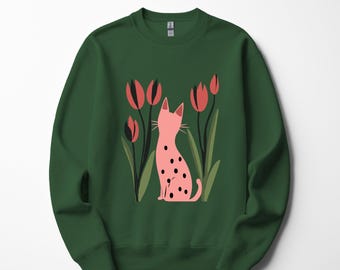 Sweat-shirt Cat Tulip : Pull unisexe bohème à fleurs
