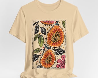 Shirt boho papayafruit - vintage stijl fruitillustratie graphic T-shirt, kunstzinnige bloemen boho botanische top, cadeau voor fijnproevers en bloemenliefhebbers