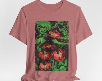 Vintage Anthurium T-Shirt: Bright Red Floral Print