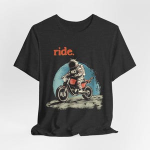 Fun Cat Gift - Cat Riding Motorcycle on the Moon Tee, Biker Graphic Top, Unisex Motorbike Ride Hobbyist Apparel, Fun Gift for Feline Lovers