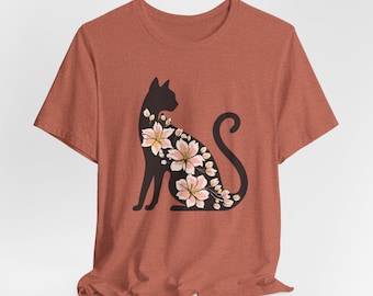 Cat and Flower Graphic Tee: Unisex Bohemian Style Shirt