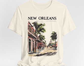 New Orleans Shirt - Unisex New Orleans Cityscape Illustration Graphic Tee, Artsy Vintage Style Louisiana Travel Gift for Art & City Lovers