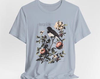 Camiseta con diseño de petirrojo y granada: diseño floral vintage.