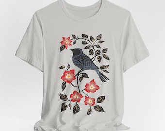 Bird & Flower Graphic T-Shirt: Vintage Style Floral Tee