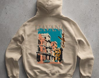 Havana Kapuzenpullover: Rückengrafik im Vintage-Stil mit internationalem Stadtbild