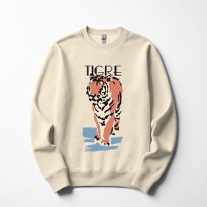 Tigre Whimsical Tiger Crewneck Sweatshirt -  Tiger Graphic Sweater, Cozy Fall Apparel, Gift for Animal Lovers, Cute Big Cat Winter Fashion