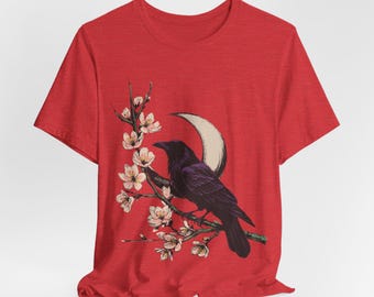 Camiseta unisex con estampado de cuervo floral: Camiseta de estilo vintage