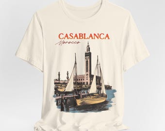 Artsy Casablanca Tee - Vintage Style Casablanca Hassan II Mosque Graphic Shirt, Retro Style Islamic Art Morocco Travel & Eid al-Fitr Gift