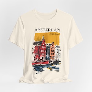 Amsterdam Illustration Tee - Vintage Style Tee, Netherlands Graphic, Travel Gift, Gift for Her, Holland Apparel