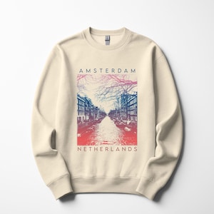 Unisex Amsterdam Duotone Minimalist Crewneck Sweatshirt, Holland Travel Gift, Cityscape Theme Tee, Netherlands Travel Gift