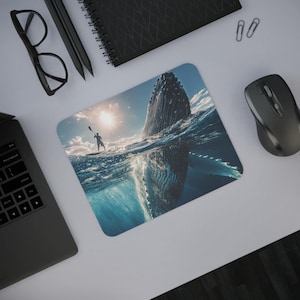 May include: A person paddleboarding in the ocean with a humpback whale breaching in the background. The whale's tail is visible above the water, and its body is partially submerged. The sun is shining brightly in the sky, and the water is a deep blue.