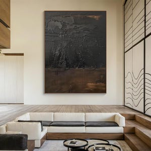 Black minimalist wabi-sabi wall art, large brown abstract art, black textured wall art, original black abstract painting, living room decor