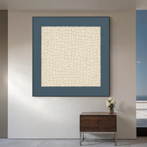 Large Beige and Blue Geometric Textured Canvas Wall Art Modern