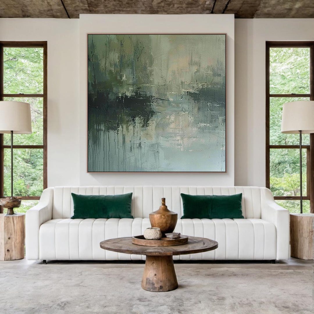 Green Abstract Textured Painting, Modern Misty Canvas Wall Art With ...