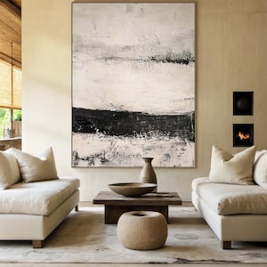Beige minimalist wabi-sabi style wall art, black textured wall art, large beige abstract painting, modern home decor, handmade gift