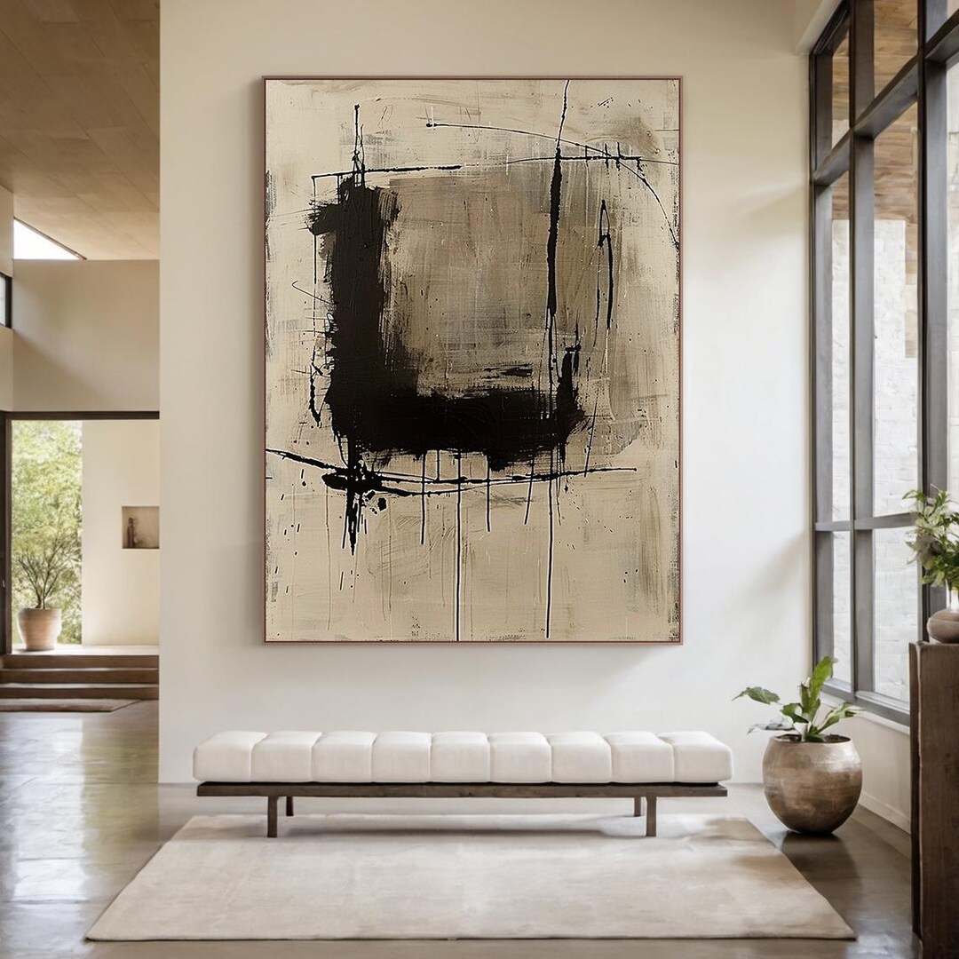 Large Black Beige Abstract Painting on Canvas – Textured Modern Wall ...