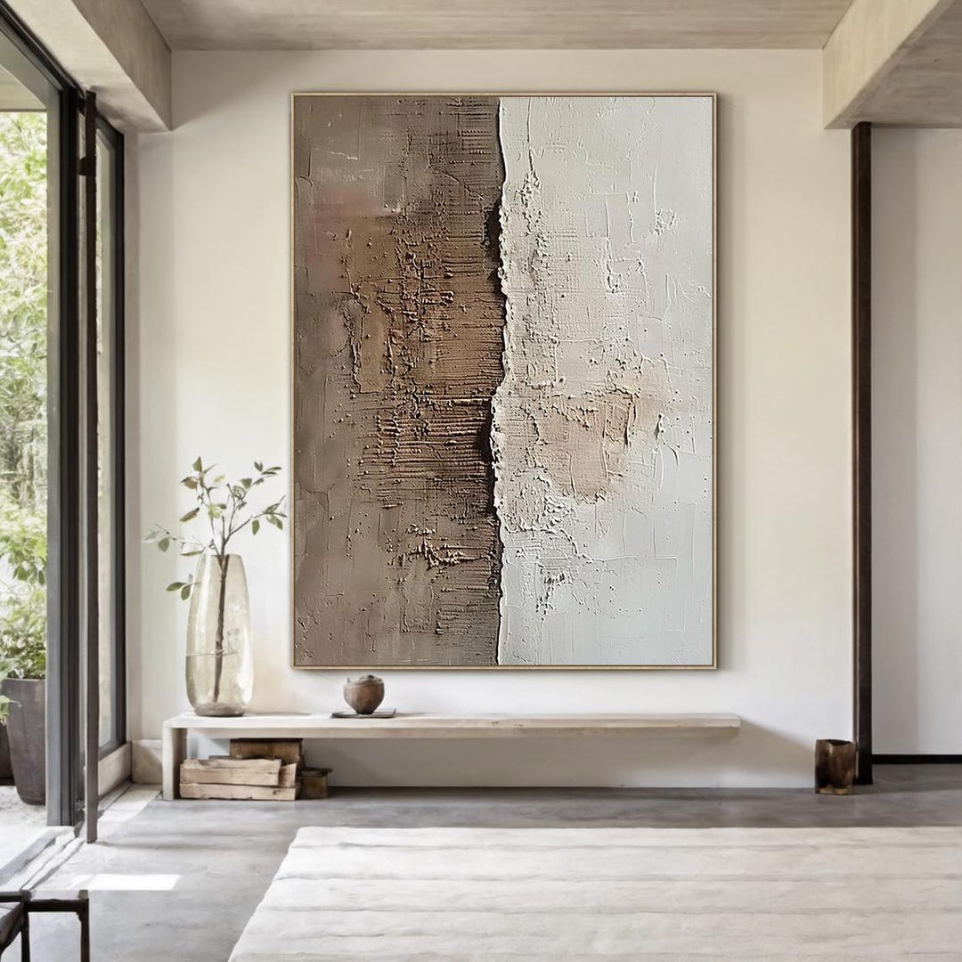 Large Neutral Abstract Painting on Canvas, Beige Brown Textured Wall ...