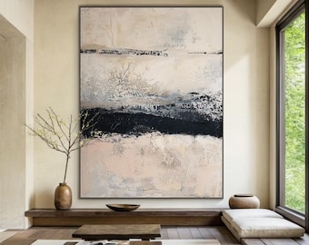 Original Beige Wabi Sabi Wall Art,Beige Abstract Painting,Black Minimalist Wall Art,Beige Textured Canvas Painting,Neutral Wall Art Decor