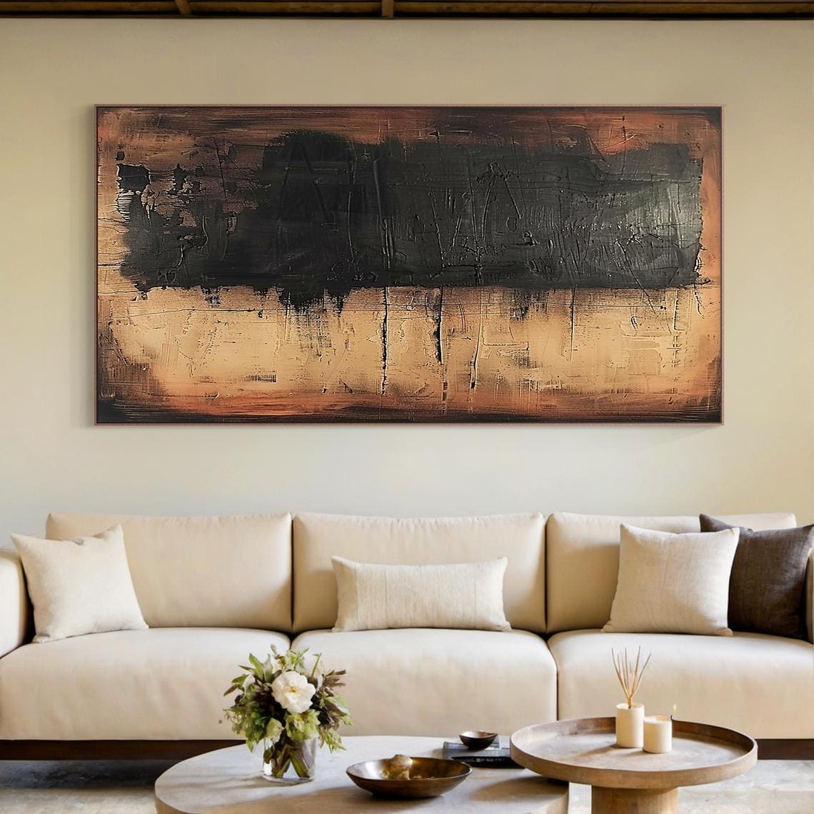 Large Wabi Sabi Abstract Painting, Neutral Black Textured Canvas Art ...