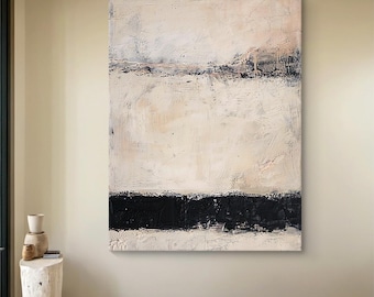 Abstract beige wall art, beige on canvas, black textured painting, modern minimalist wall art, neutral wall decor, modern living room decor