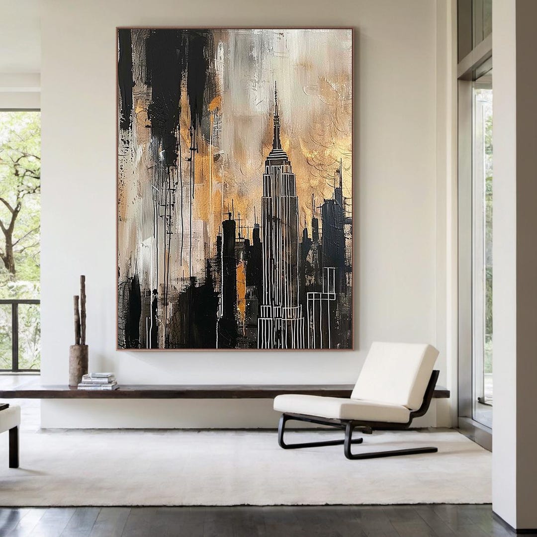 Large Abstract City Skyline Painting, Gold Black Textured Wall Art on ...