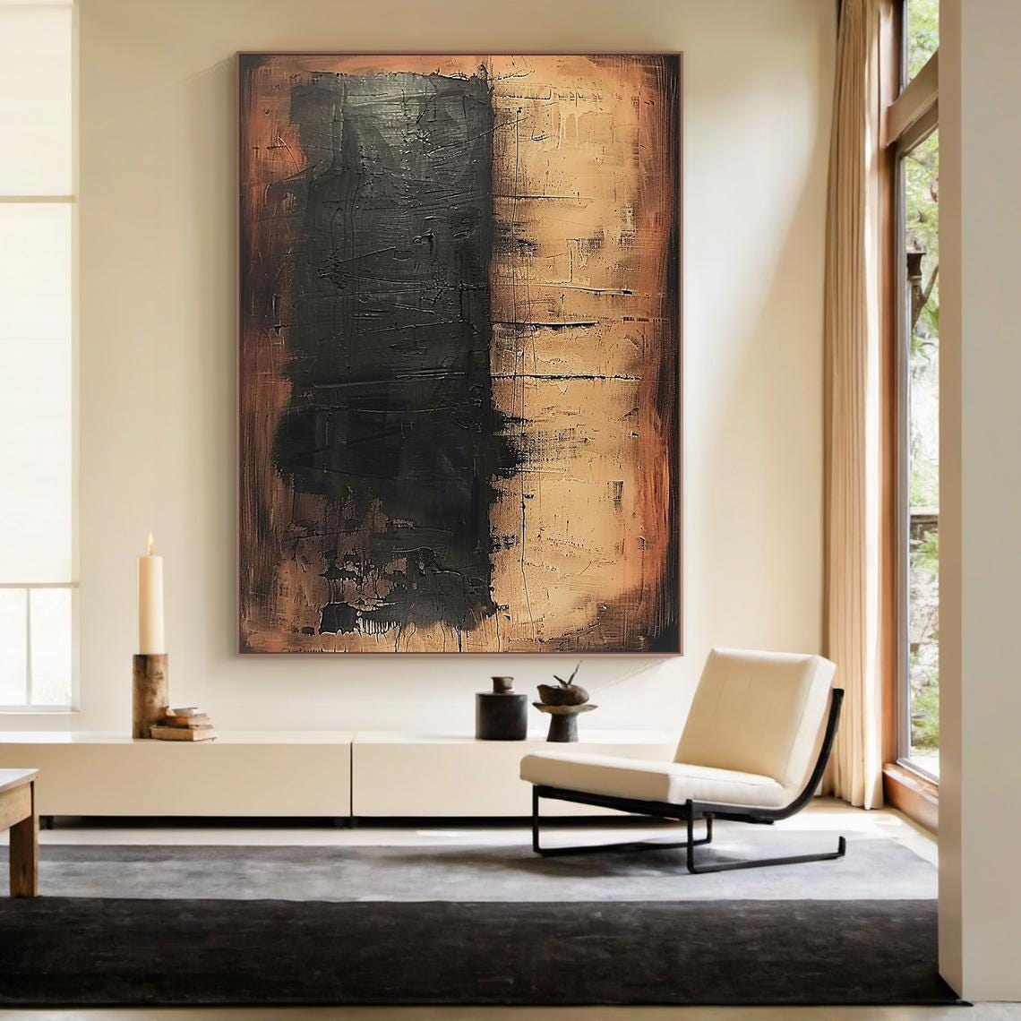 Large Wabi Sabi Abstract Painting, Neutral Black Textured Canvas Art ...