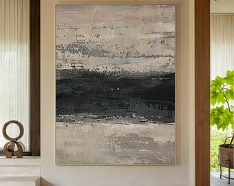 Abstract beige wall art, beige and black textured painting on canvas, modern minimalist wall art, wabi-sabi wall decor, modern wall art